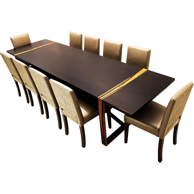 Contemporary vintage dining set in leather and ash wood
