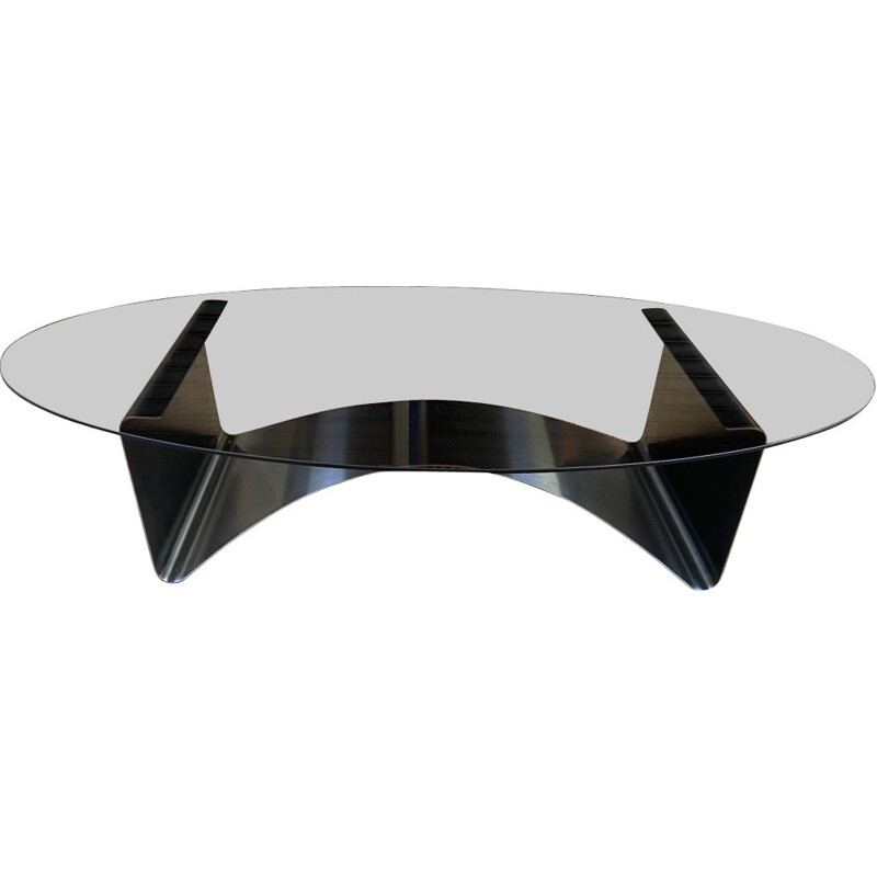 Vintage oval coffee table in smoked glass and stainless steel by François Monnet, 1975