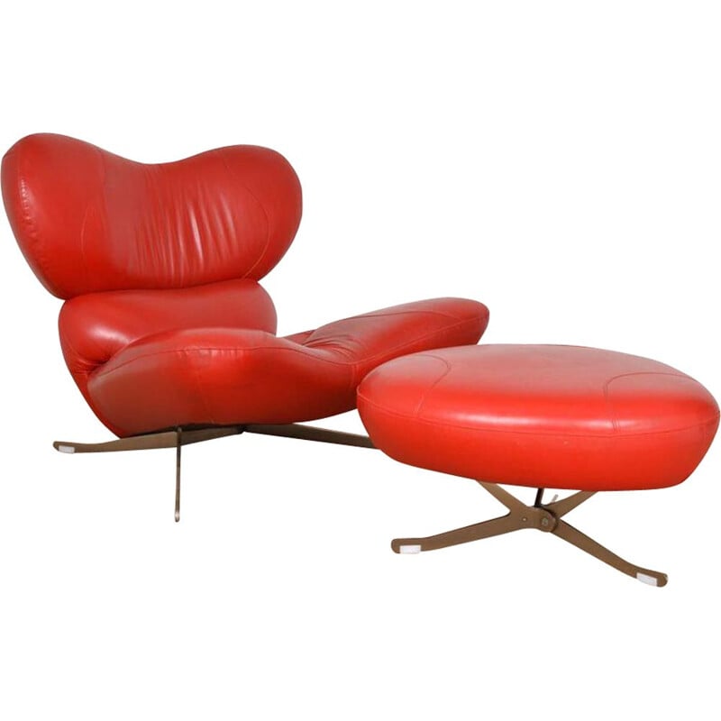 Vintage red leather "Frog Chair" armchair and ottoman by Poltromec, 1980