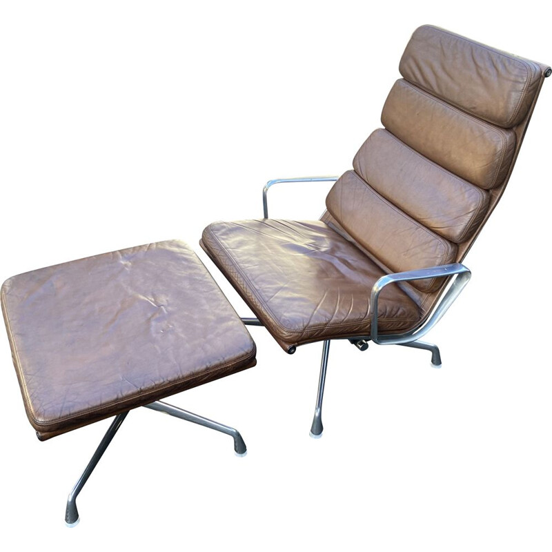 Fauteuil lounge et ottoman vintage Softpad en cuir par Eames