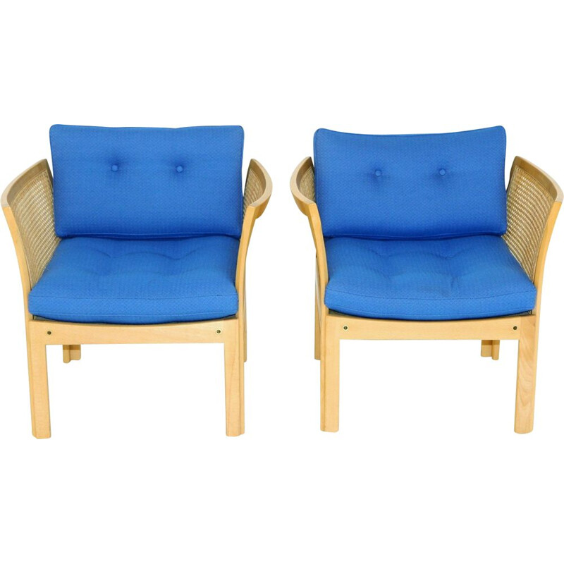 Pair of vintage beech and rattan armchairs by Illum Wikkelso, 1980