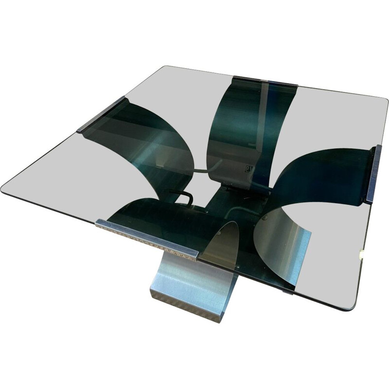 Square vintage coffee table in smoked glass and stainless steel by François Monnet, 1975