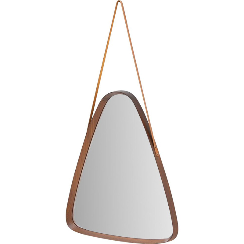 Triangular vintage mirror with wooden frame and leather cord, 1960s