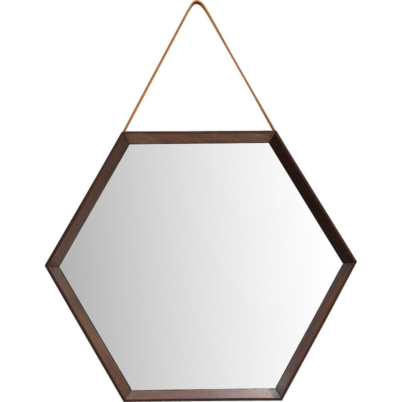 Miroir vintage hexagonal avec cadre en bois et cordon en cuir, 1960