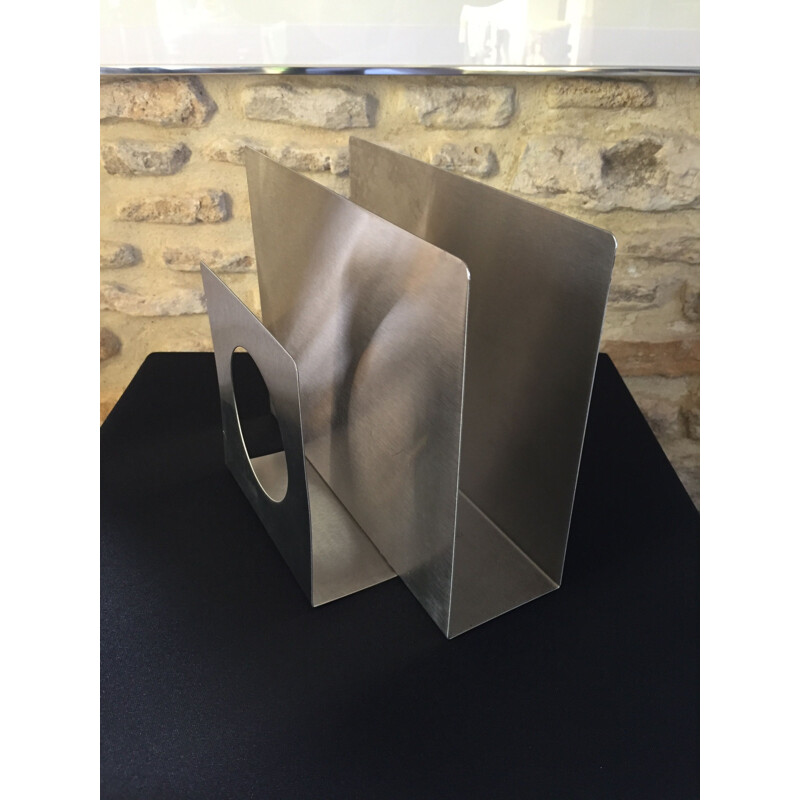 Vintage minimalist magazine rack in brushed metal by François Monnet for Kappa, 1970