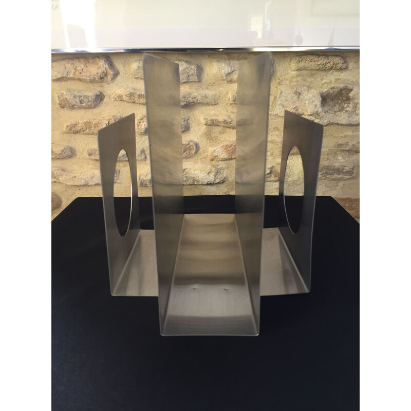 Vintage minimalist magazine rack in brushed metal by François Monnet for Kappa, 1970