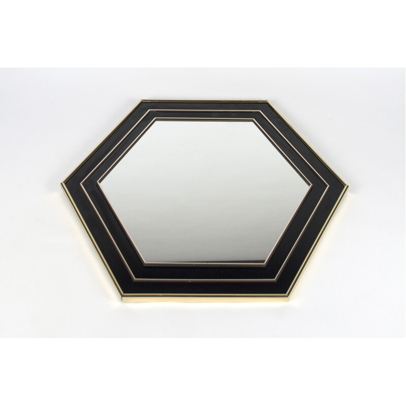 Espelho hexagonal vintage em dourado e preto lacado por Jean Claude Mahey, França 1970