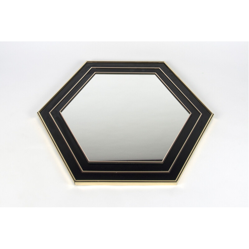 Miroir vintage hexagonal en plaqué or et laqué noir par Jean Claude Mahey, France 1970