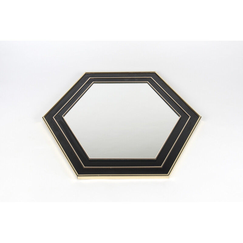 Miroir vintage hexagonal en plaqué or et laqué noir par Jean Claude Mahey, France 1970
