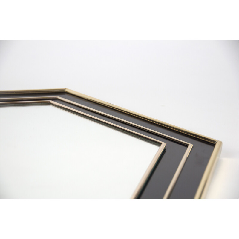 Vintage hexagonal mirror in gold plated and black lacquered by Jean Claude Mahey, France 1970