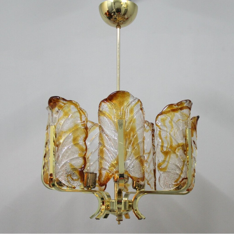 Orrefors chandelier in glass and golden metal, Carl FAGERLUND - 1960s