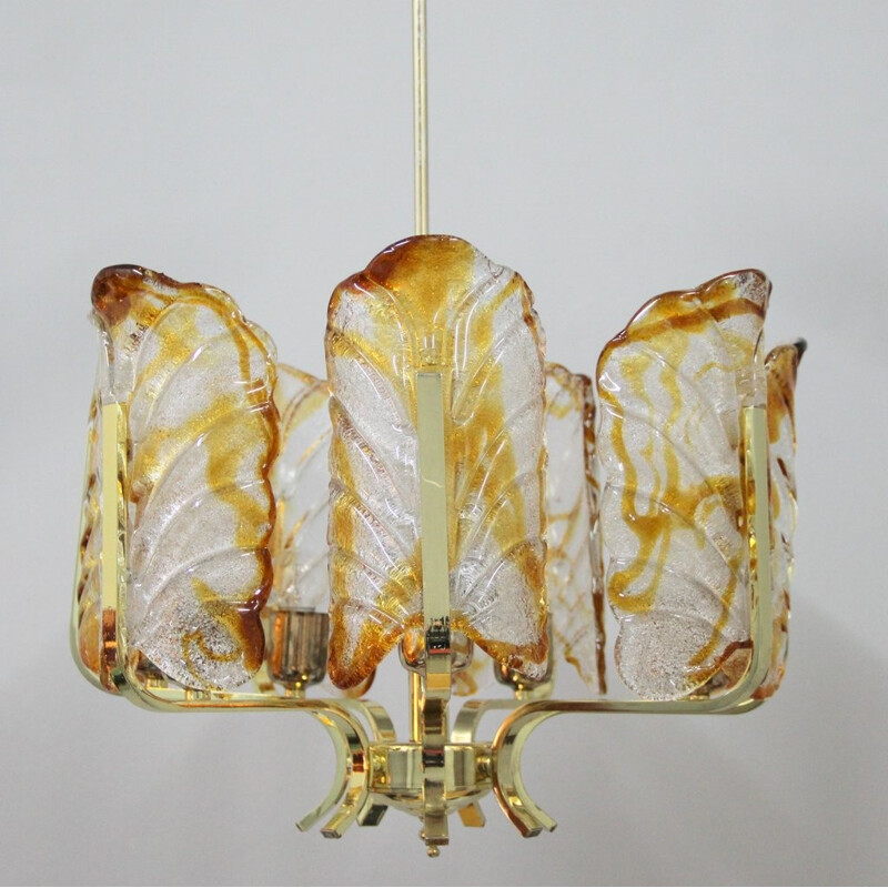 Orrefors chandelier in glass and golden metal, Carl FAGERLUND - 1960s
