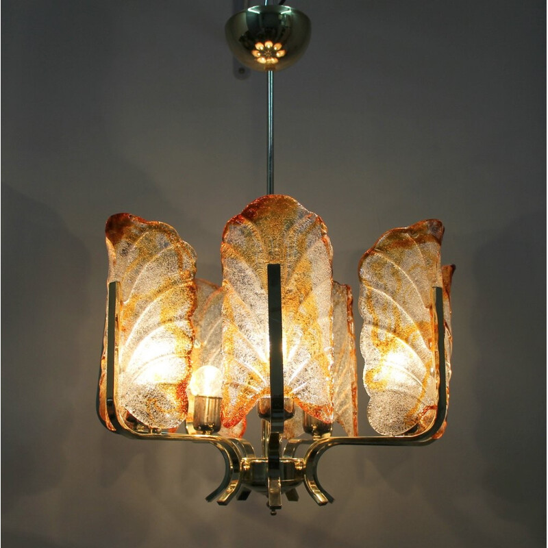 Orrefors chandelier in glass and golden metal, Carl FAGERLUND - 1960s