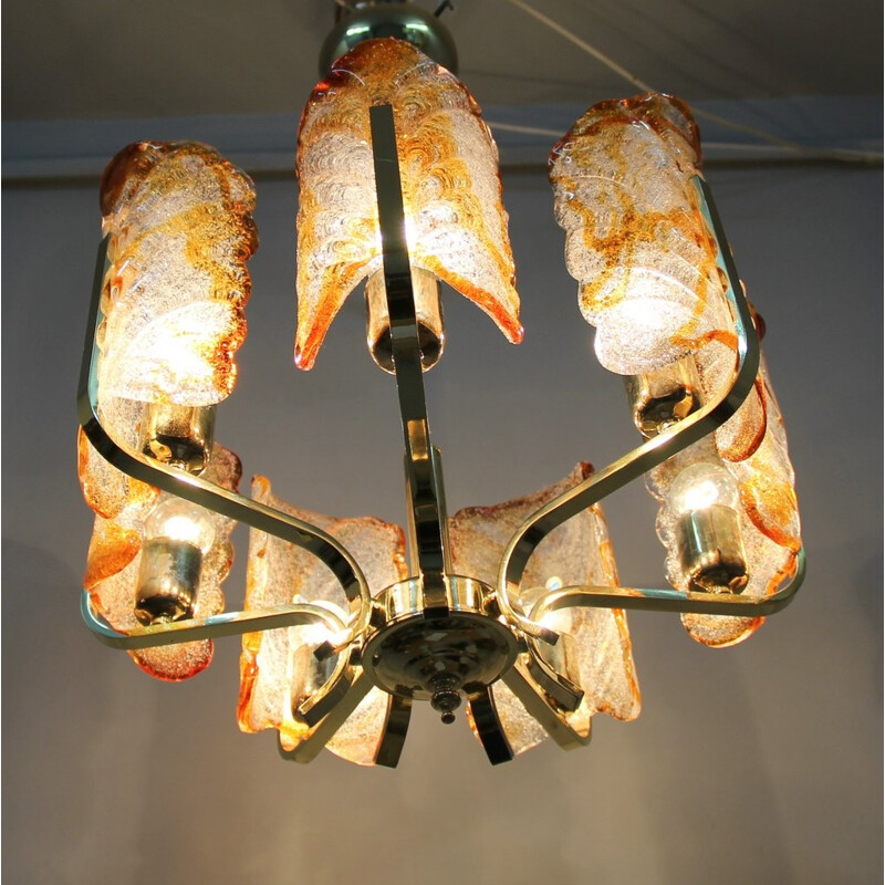 Orrefors chandelier in glass and golden metal, Carl FAGERLUND - 1960s