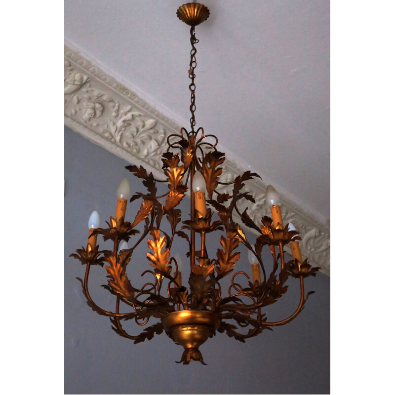 Vintage gilt tole chandelier with eight lights by Hans Kögl , 1960-1970s