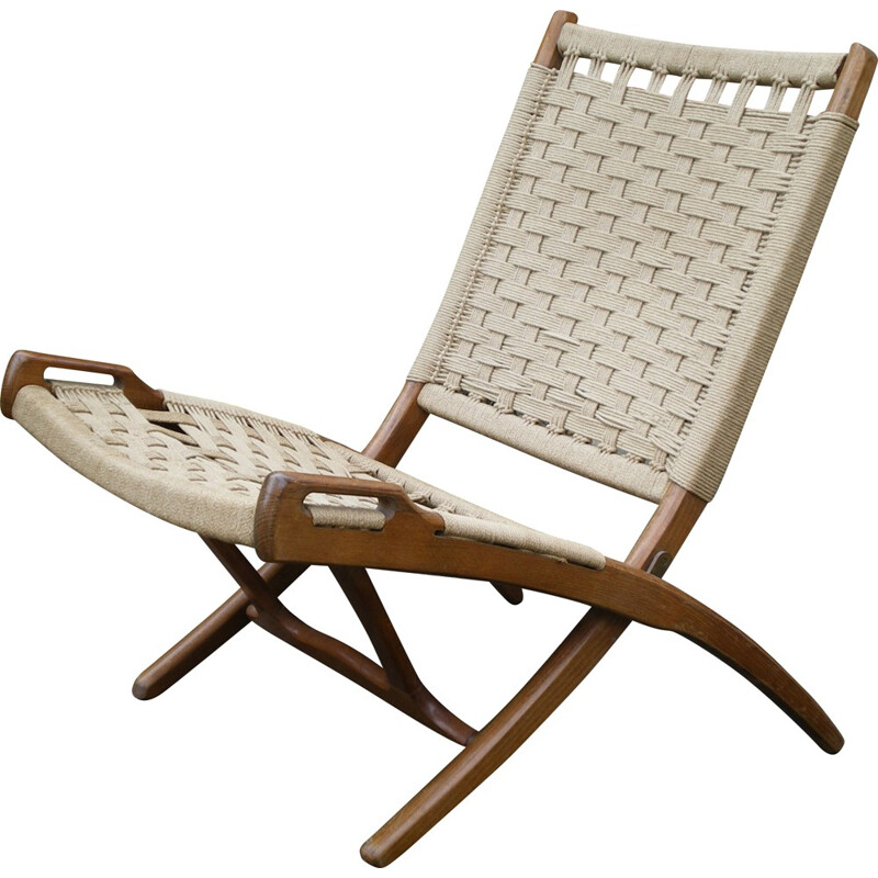 Folding low chair in wood and rope - 1950s