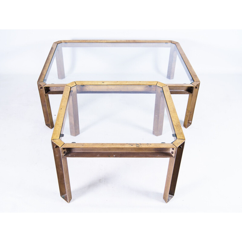 Vintage brass nesting tables with tempered glass by Peter Ghyczy