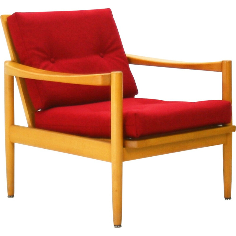 Reupholstered easy chair in beech and red fabric - 1970s