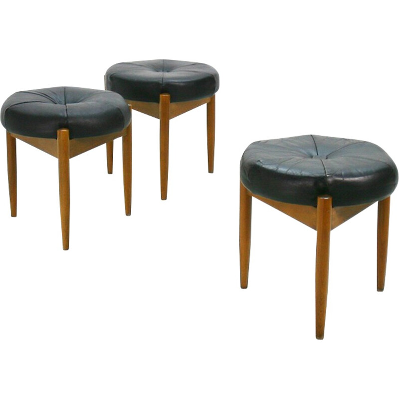 Set of 3 stools in beech and black leather - 1960s