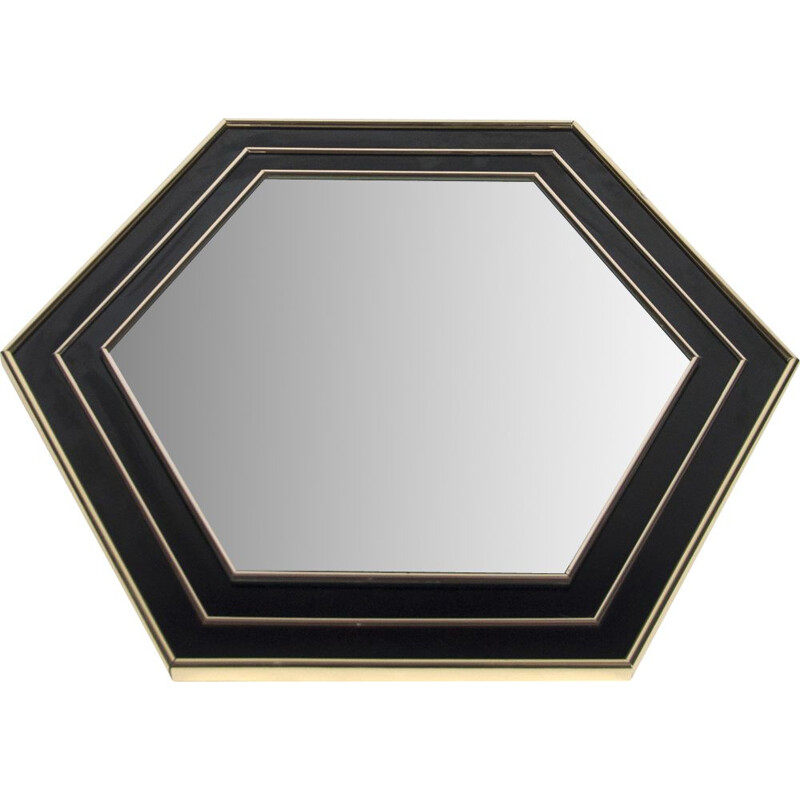 Espejo hexagonal vintage chapado en oro y lacado en negro de Jean Claude Mahey, Francia 1970