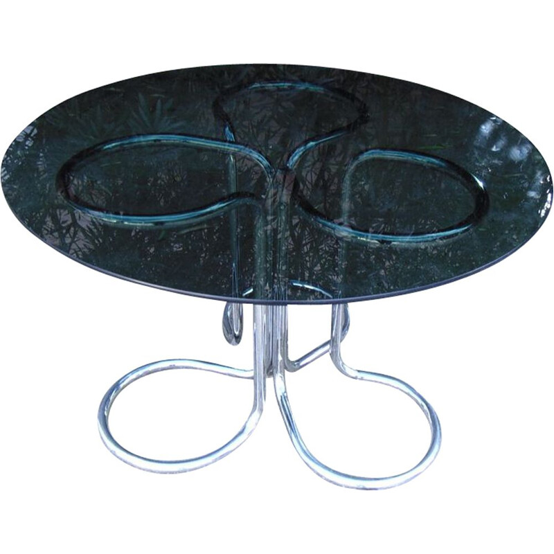 Table vintage en tubulaire avec verre fumé par Giotto Stoppino