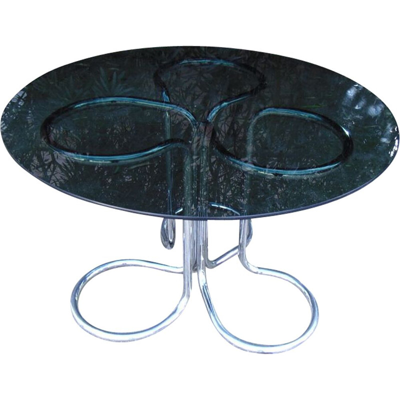 Vintage table in tubular with smoked glass by Giotto Stoppino