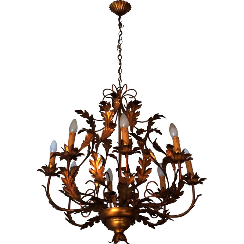 Vintage gilt tole chandelier with eight lights by Hans Kögl , 1960-1970s