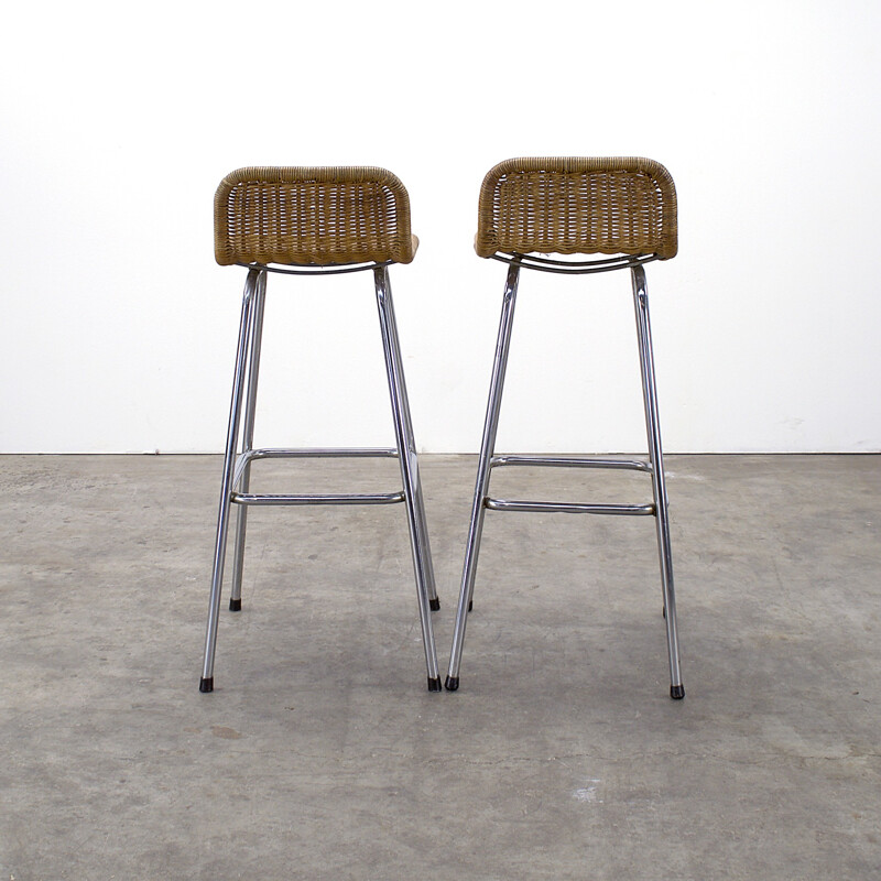 Pair of Rohe Noordwolde chromed metal and reed stools, Dirk VAN SLIEDRECHT - 1970s