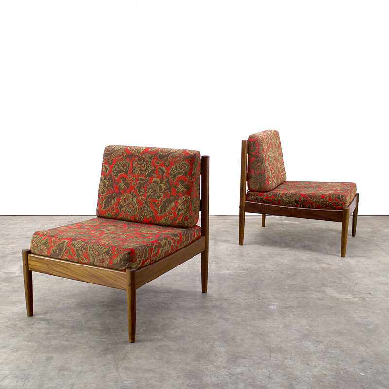 Pair of teak low chairs with patterned fabric - 1970s