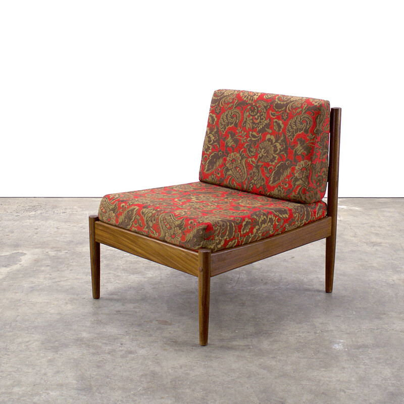 Pair of teak low chairs with patterned fabric - 1970s