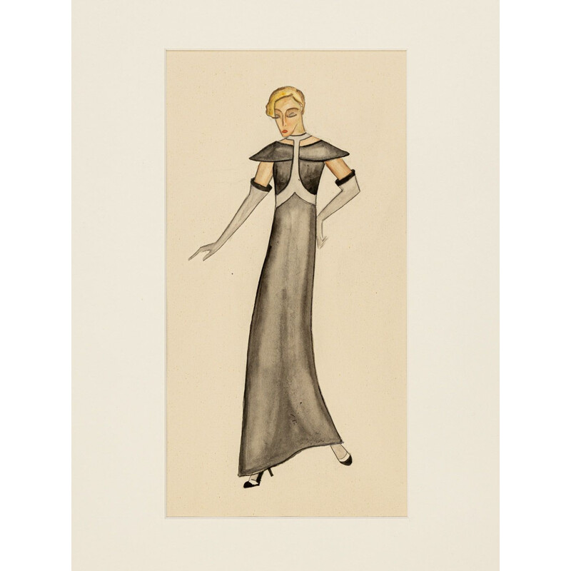 Vintage Art Deco Gouache "Fashion Illustration IV" auf Papier, 1920