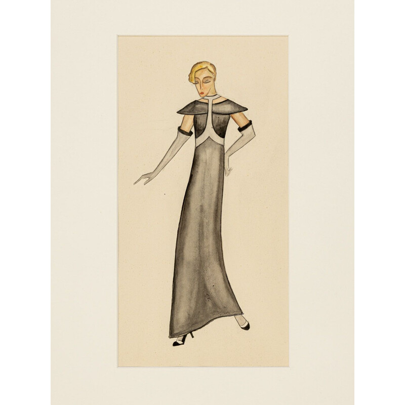Vintage Art Deco gouache "Ilustración de moda IV" sobre papel, 1920