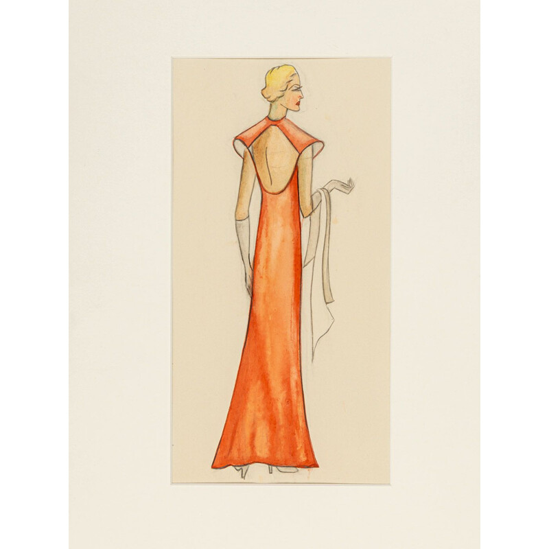 Vintage Art Deco gouache "Fashion Illustration IV" em papel, 1920