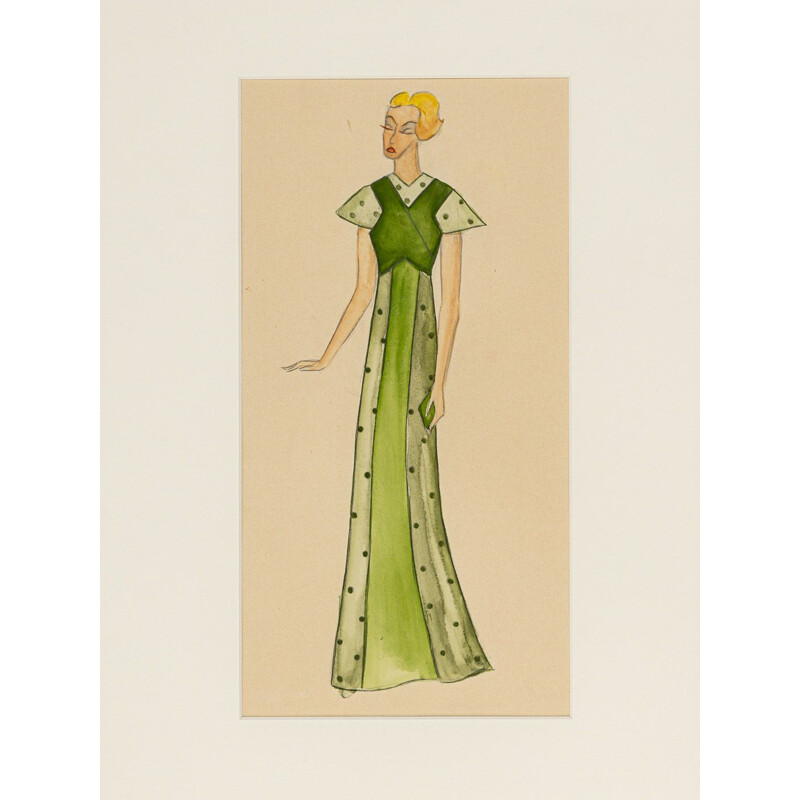 Vintage Art Deco gouache "Fashion Illustration IV" em papel, 1920