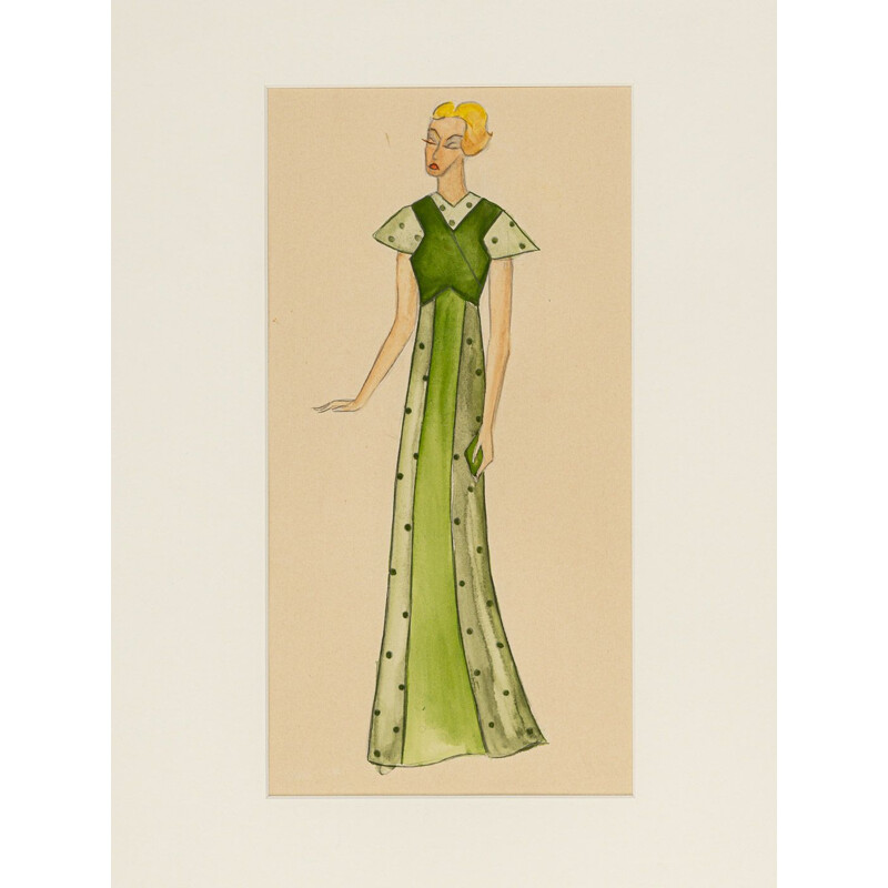 Vintage Art Deco gouache "Fashion Illustration IV" su carta, 1920