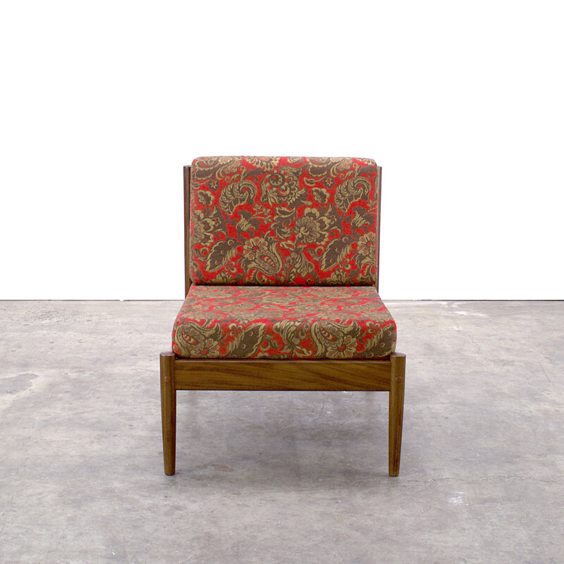 Pair of teak low chairs with patterned fabric - 1970s