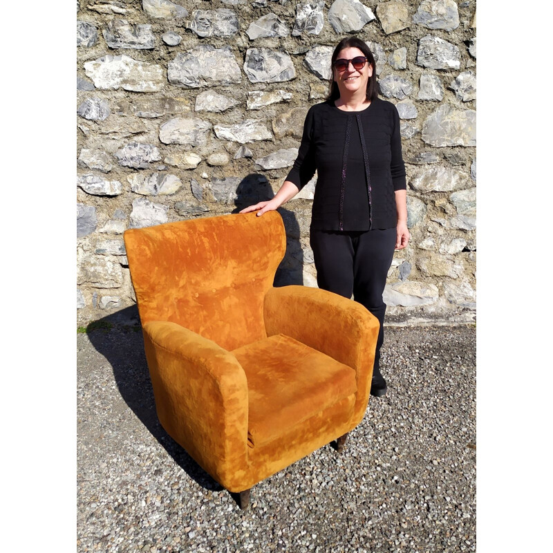 Pair of vintage velvet orange armchairs by Paolo Buffa, 1940s