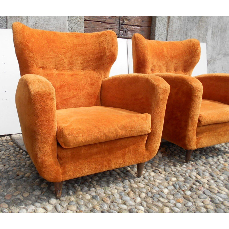 Pair of vintage velvet orange armchairs by Paolo Buffa, 1940s