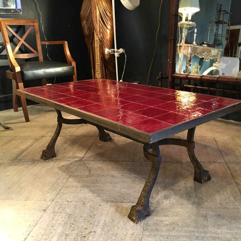 Coffee table in iron and red ceramic - 1940s