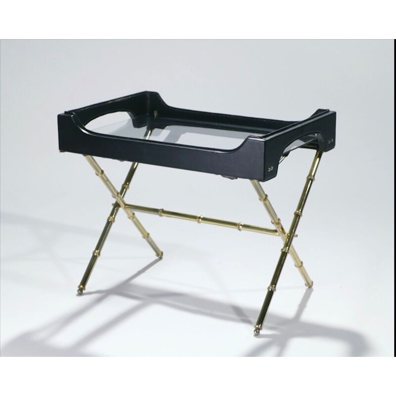Vintage brass and leather side table by Jacques Adnet, 1950