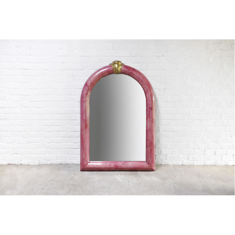 Vintage mirror in pink lacquered goat skin by Karl Springer, 1970