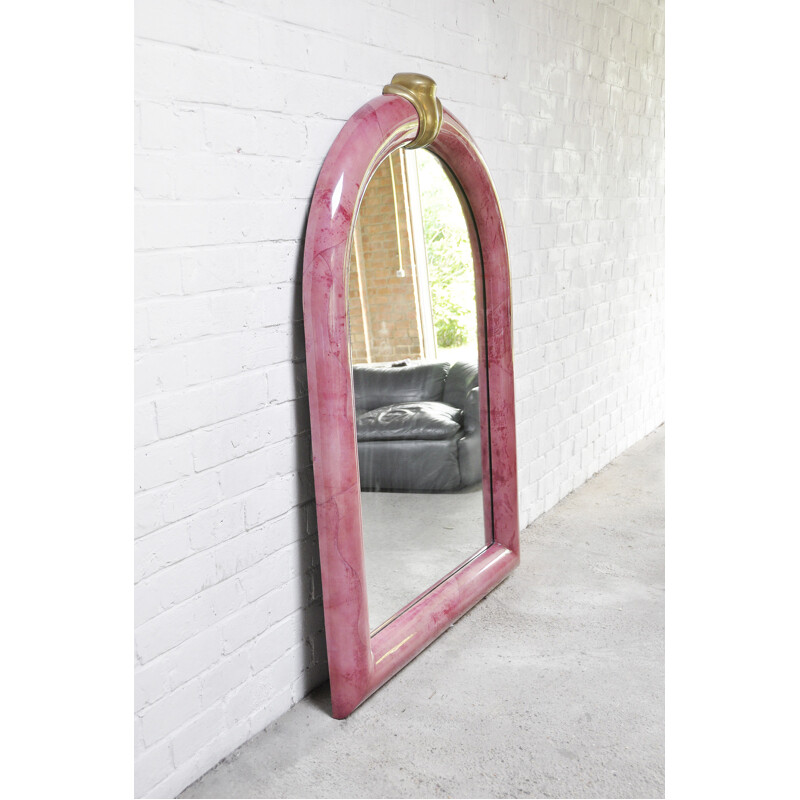 Vintage mirror in pink lacquered goat skin by Karl Springer, 1970