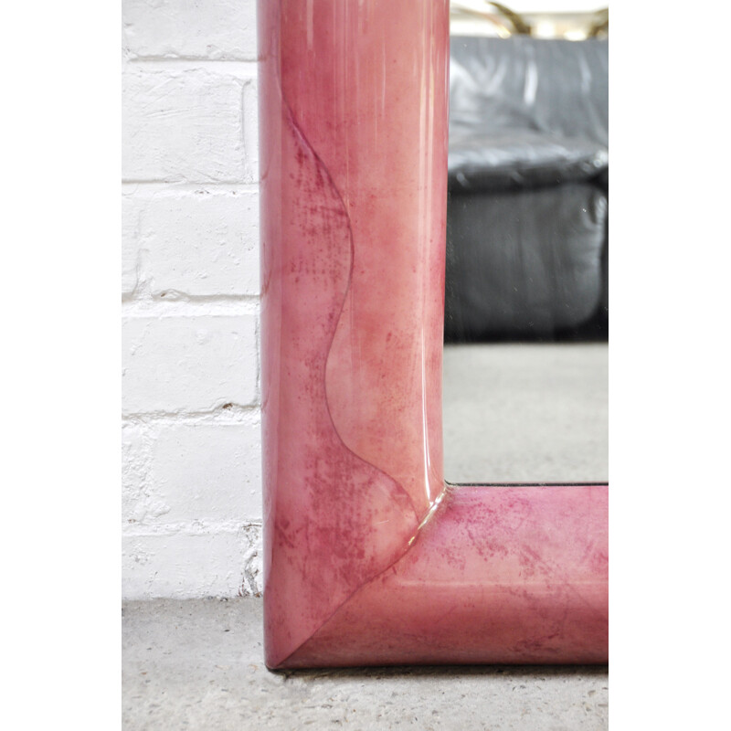 Vintage mirror in pink lacquered goat skin by Karl Springer, 1970