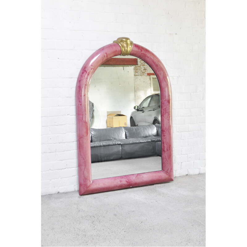 Vintage mirror in pink lacquered goat skin by Karl Springer, 1970