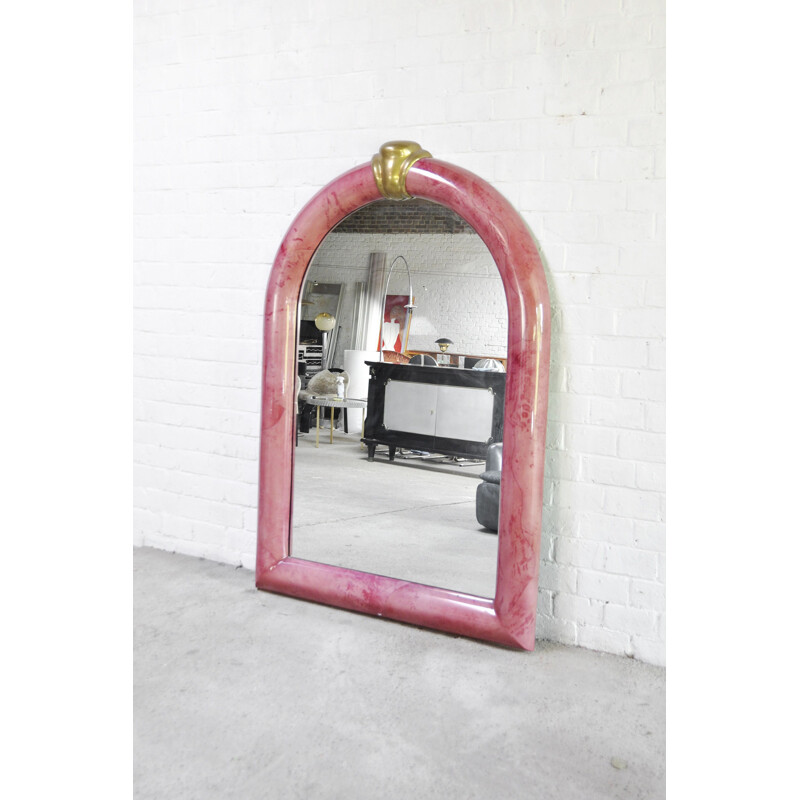 Vintage mirror in pink lacquered goat skin by Karl Springer, 1970