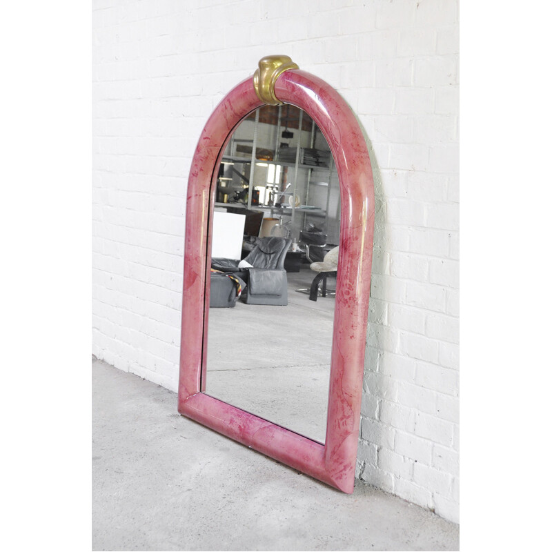 Vintage mirror in pink lacquered goat skin by Karl Springer, 1970