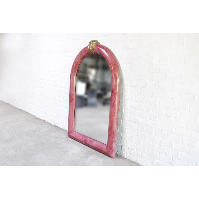 Miroir vintage en peau de chèvre laquée rose par Karl Springer, 1970