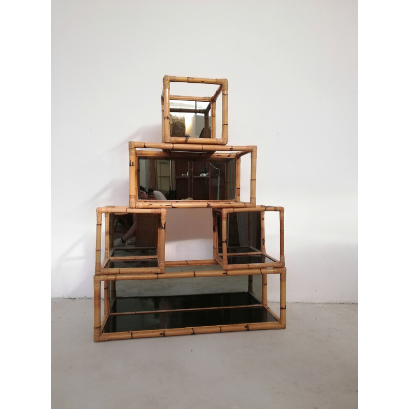 Estantería modular vintage de bambú y mimbre, Italia 1970