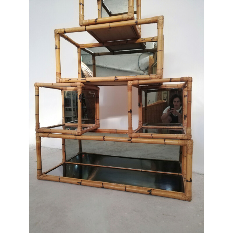 Estantería modular vintage de bambú y mimbre, Italia 1970