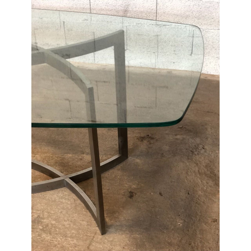 Vintage oval table in glass and chrome steel by Paul Legeard for Dom, 1970
